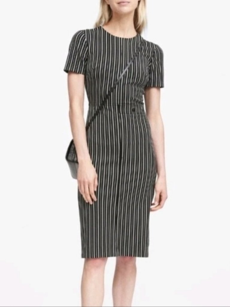 Banana Republic Striped Sheath Dress Womens Size 10 Black Grey Short Sleeve